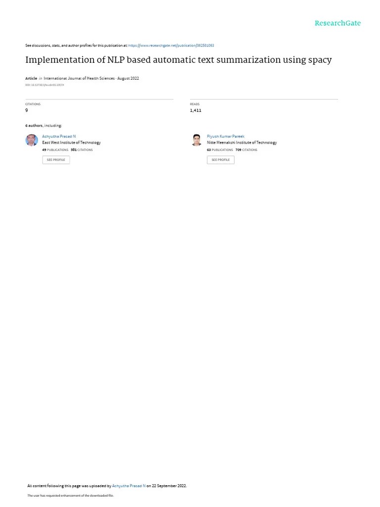 Implementation Of NLP Based Automatic Text Summarization Using Spacy | PDF