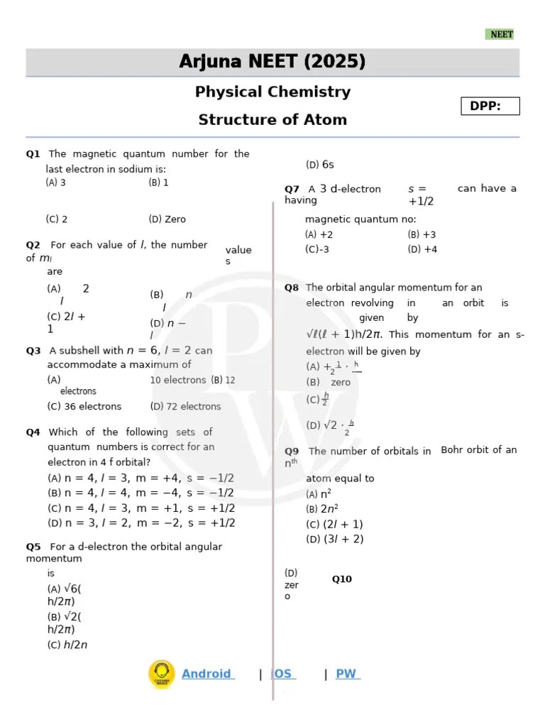 Structure Of Atom DPP 10 Of Lecture 14 Arjuna NEET 2025 | PDF ...