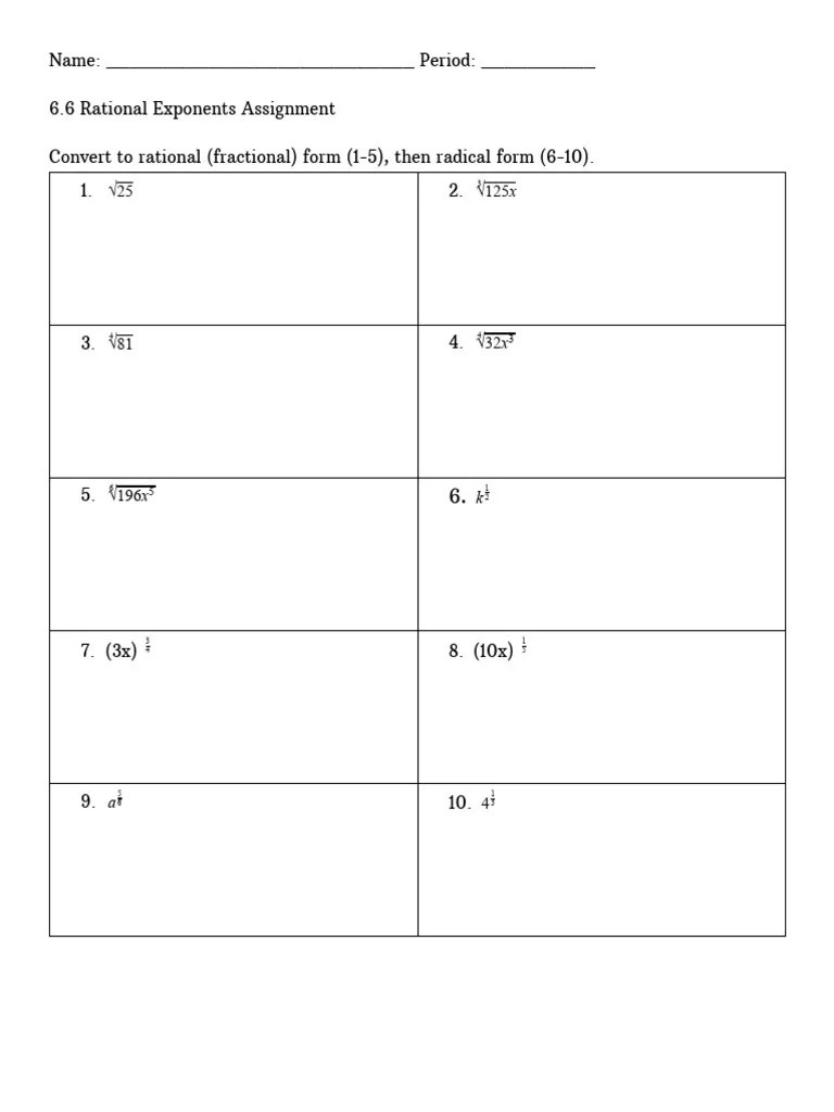 6.6 Rational Exponents Assignment | PDF