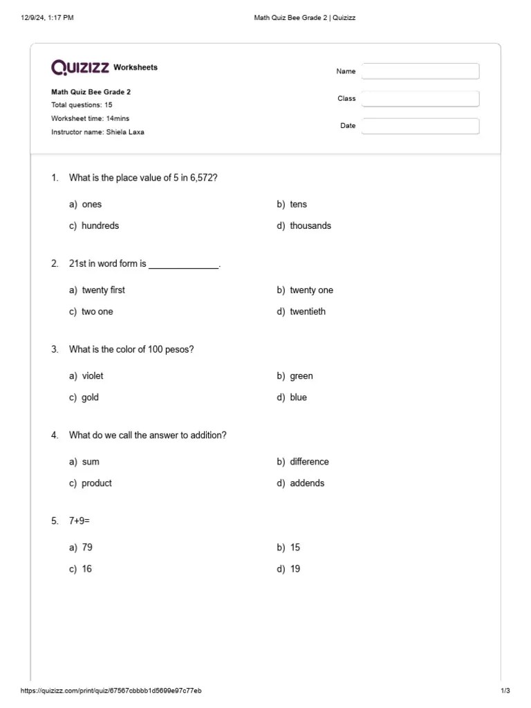 Math Quiz Bee Grade 2 | PDF | Subtraction | Arithmetic