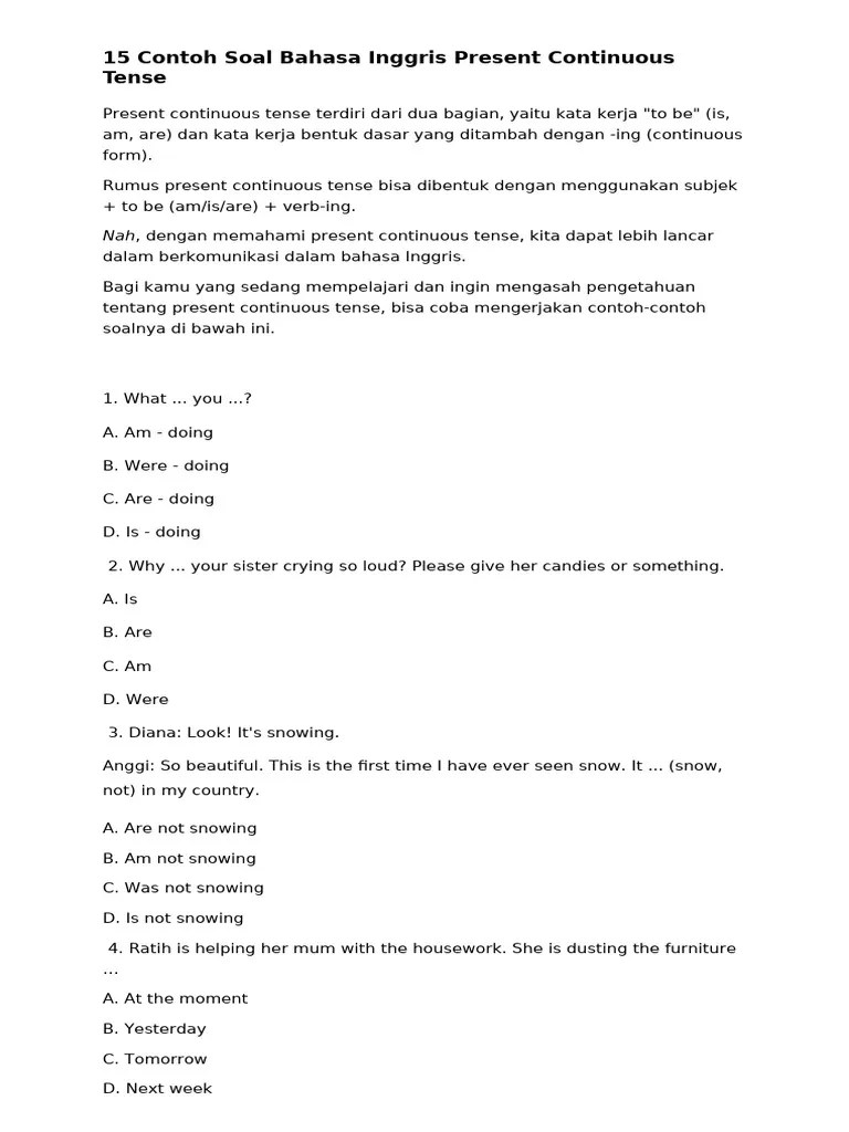 15 Contoh Soal Bahasa Inggris Present Continuous Tense Pdf
