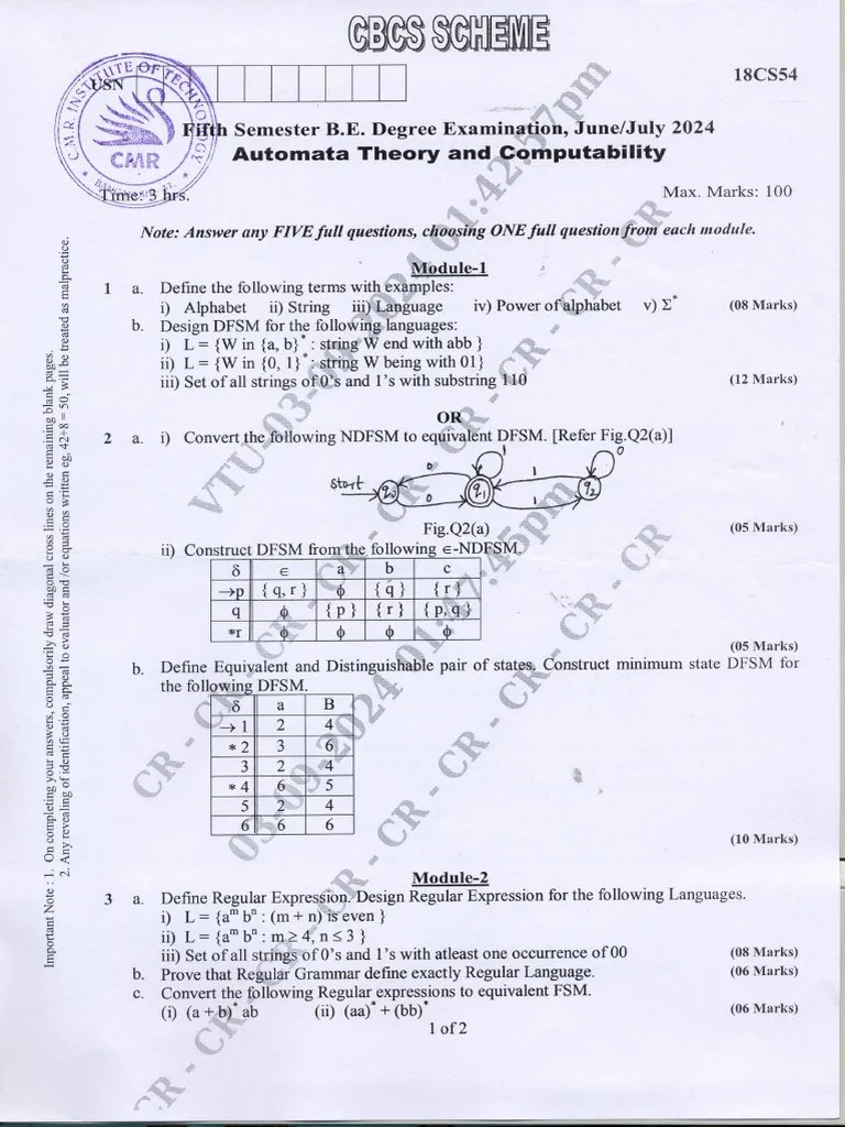 VTU Question Paper Of 18CS54 Automata Theory And Computability Jun-July-2024 | PDF
