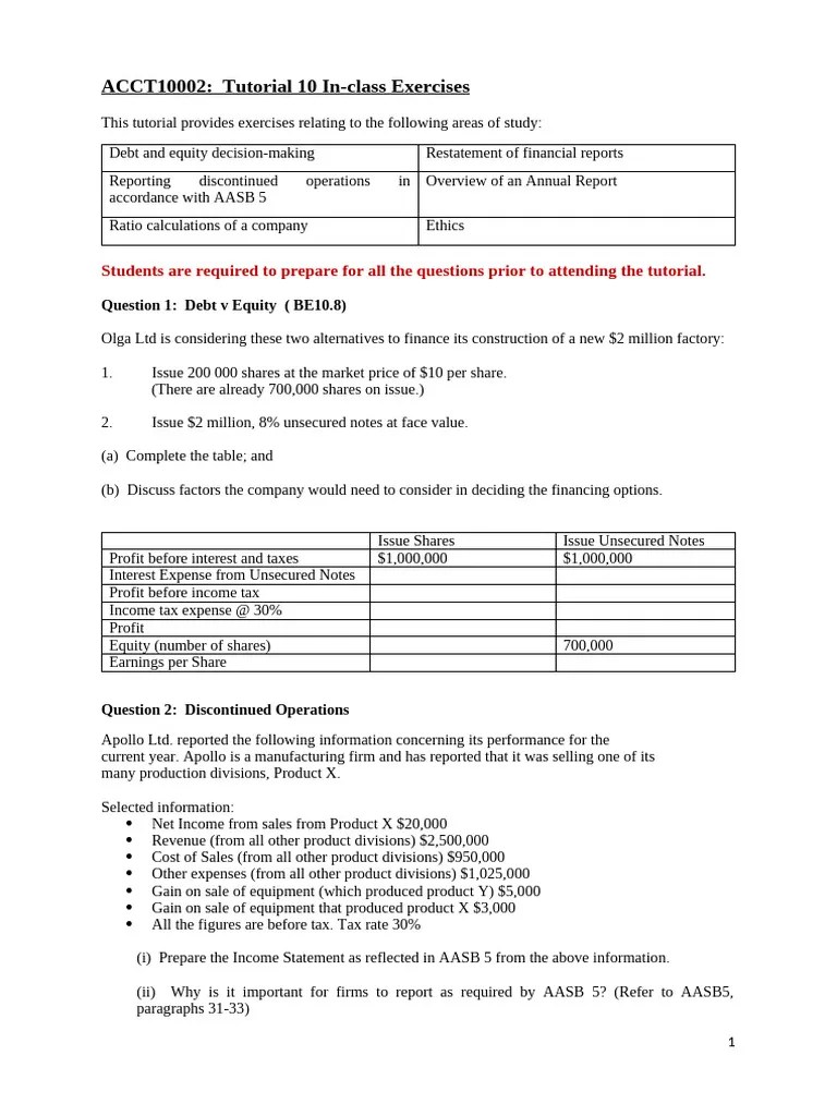ACCT10002 Tutorial 11 In-Class Exercises | PDF | Revenue | Equity (Finance)