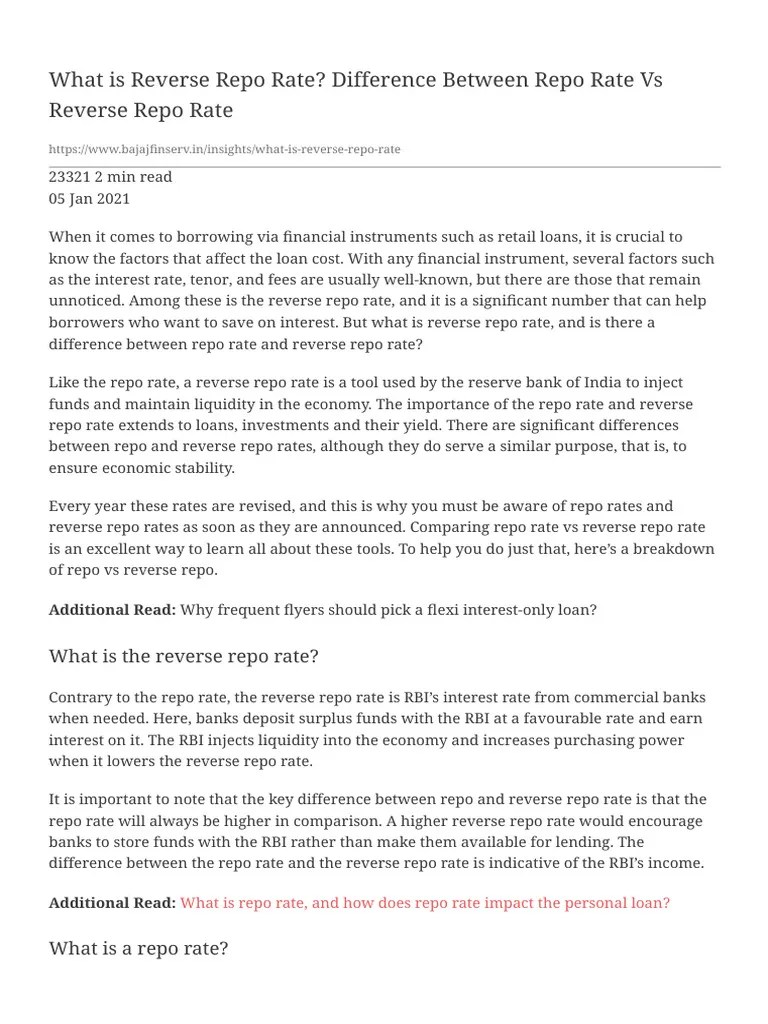 What Is Reverse Repo Rate Difference Between Repo+ | PDF | Repurchase Agreement | Reserve Bank ...
