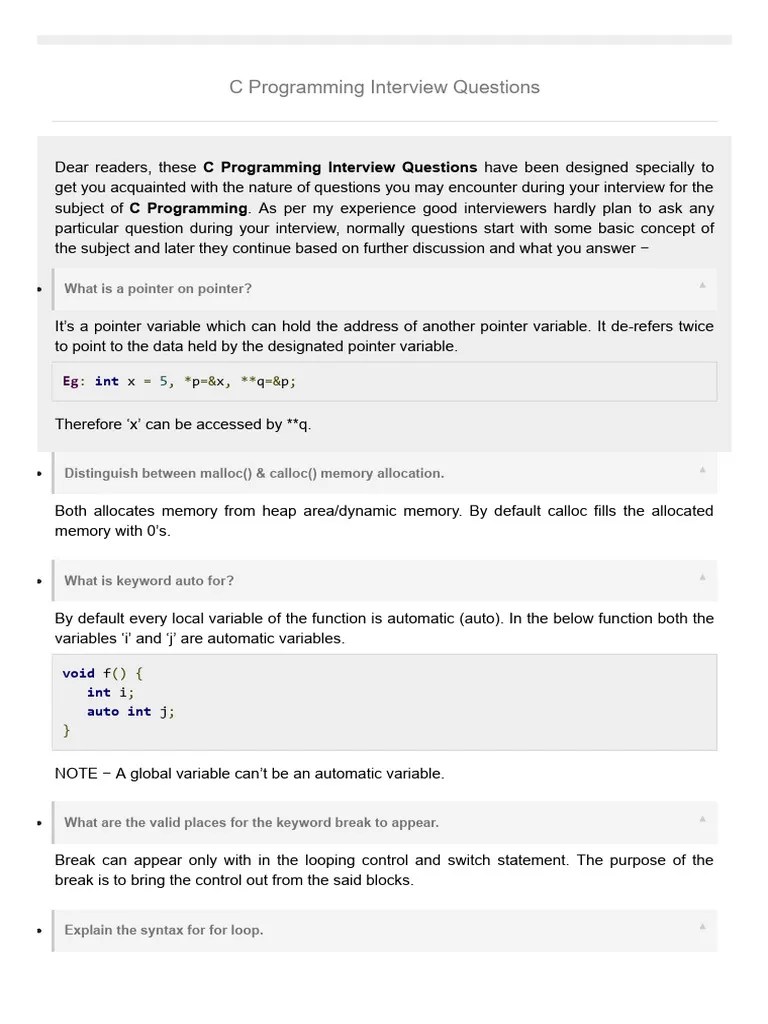 C Programming Interview Questions | PDF | Pointer (Computer Programming ...