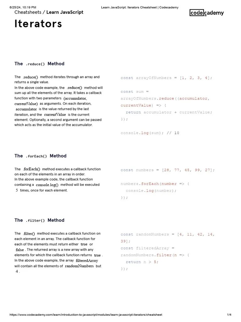 Learn JavaScript - Iterators Cheatsheet - Codecademy | PDF | Java ...