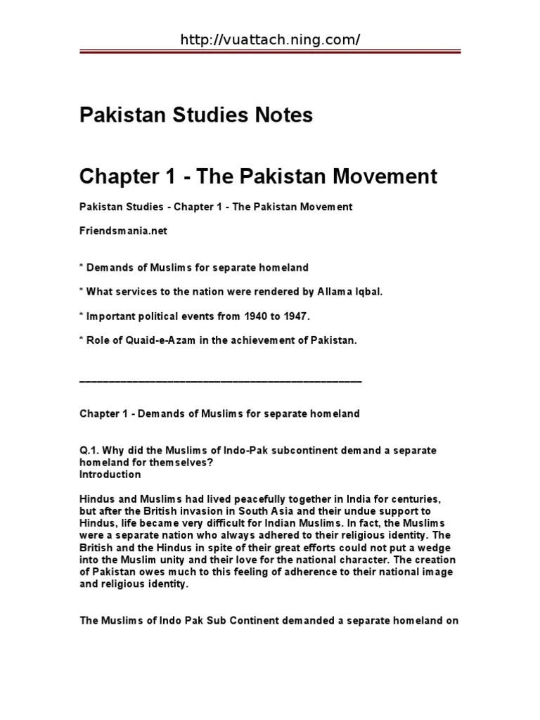 Pakistan Studies Notes For Exam | PDF | Muhammad Ali Jinnah | Two Nation Theory