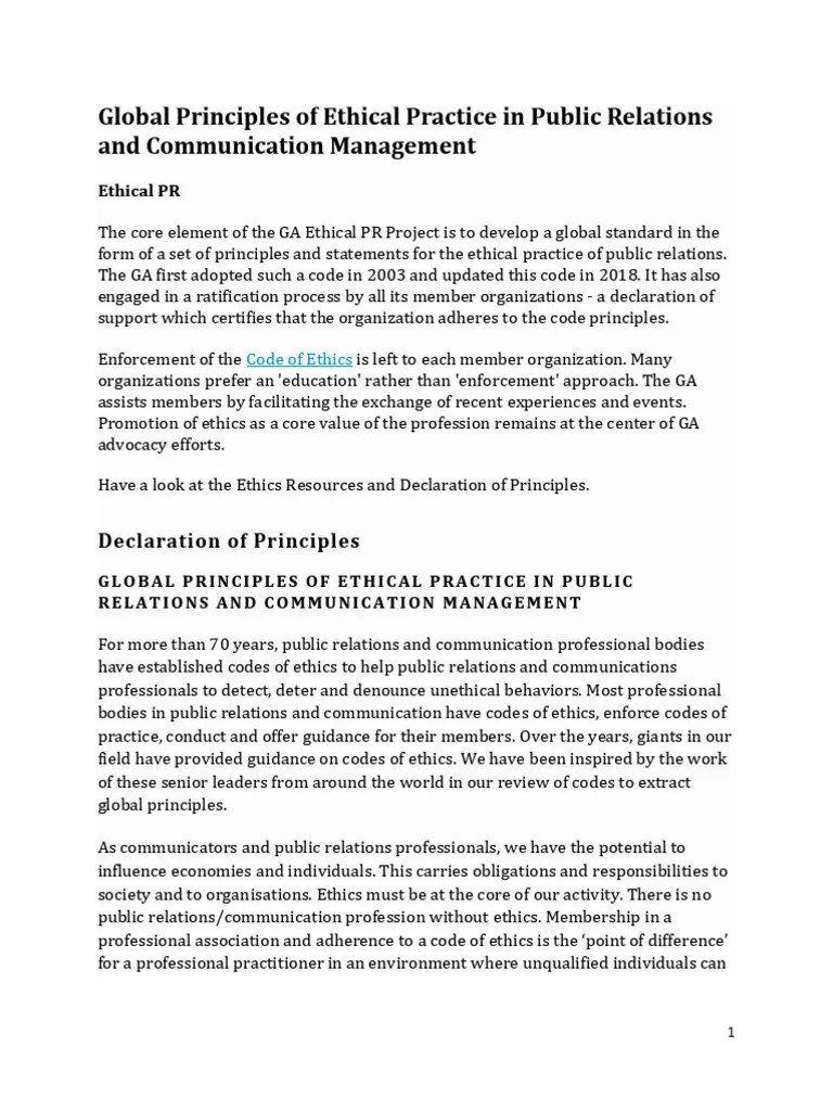 Global Principles Of Ethical Practice In Public Relations And ...
