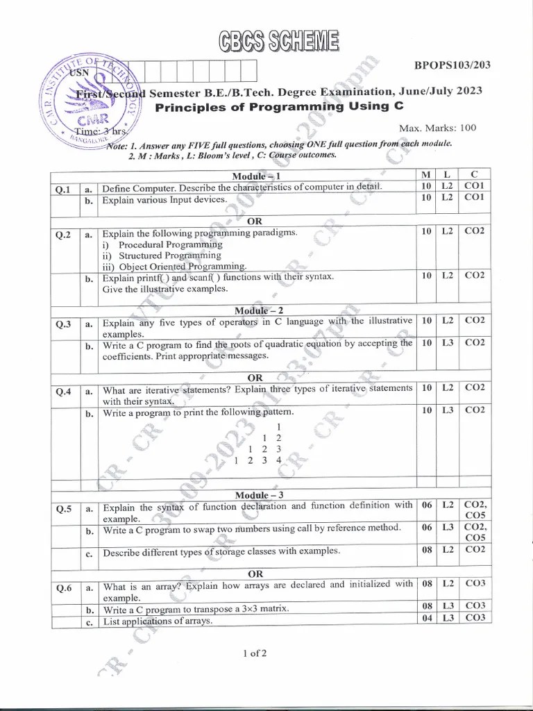 VTU Question Paper Of BPOPS103 - BPOPS203 Principles Of Programming ...