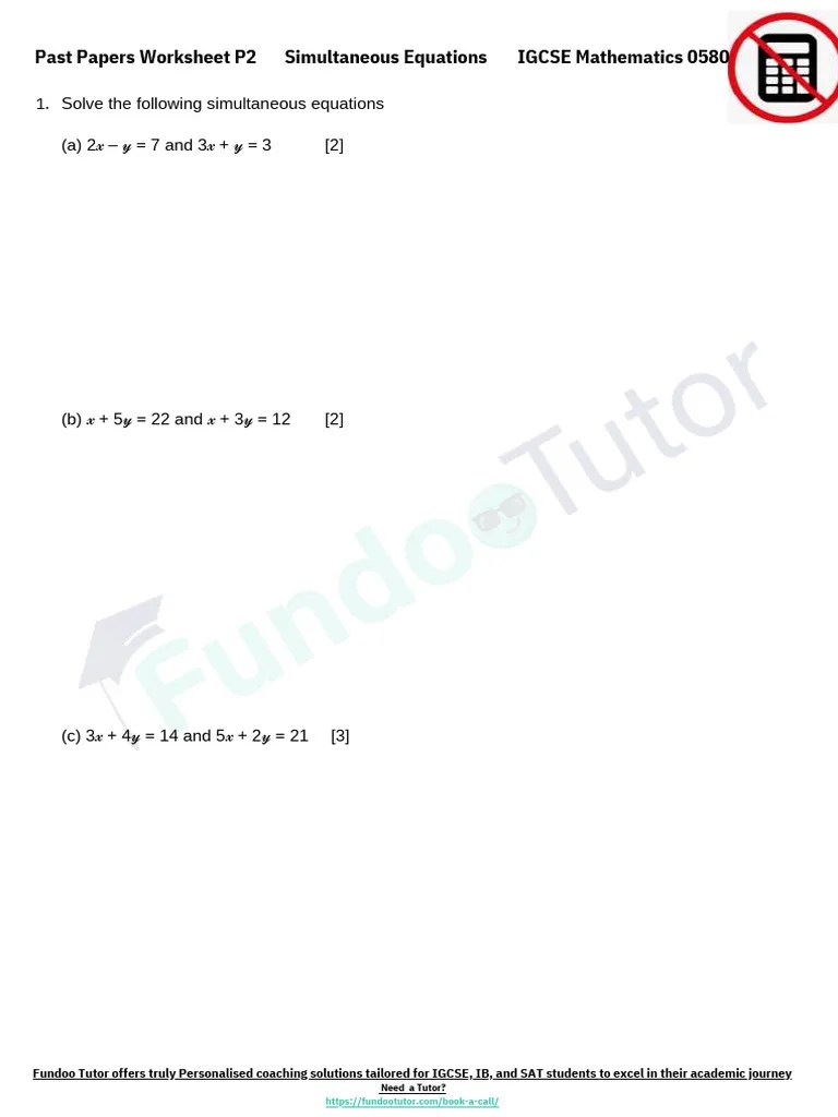 IGCSE Math 0580 Algebra Simultaneous Equations Past Paper Worksheet P2 ...