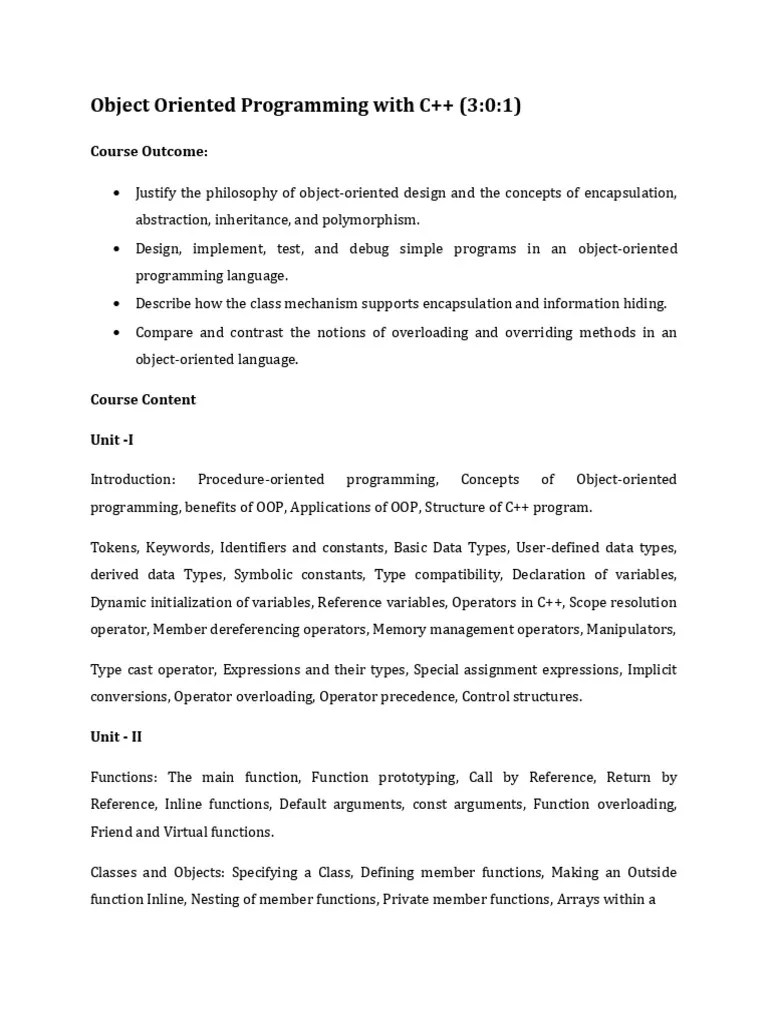 Object Oriented Programming With C - Syllabus | PDF | Method (Computer ...