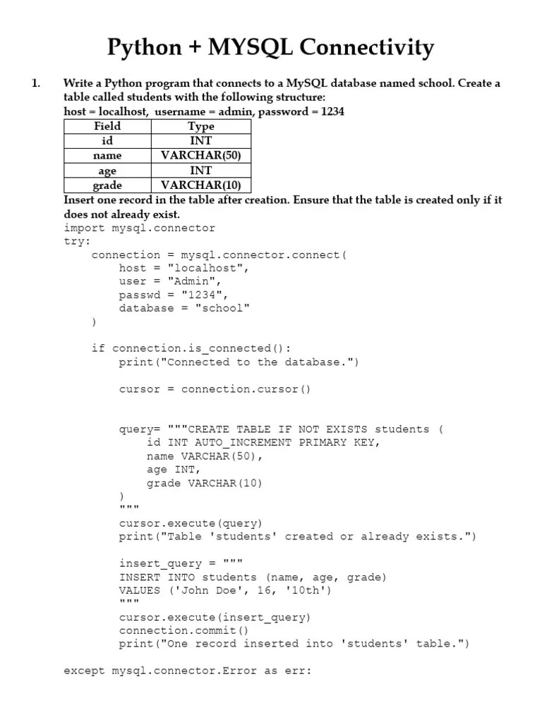 Python + MySql Connectivity | PDF | Databases | Computing