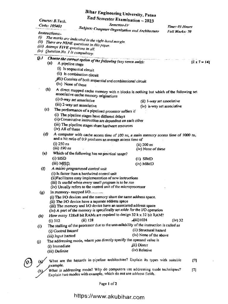 Btech-cs-4-sem-computer-organization-and-architecture-105401-2023_2 | PDF | Cpu Cache | Central ...