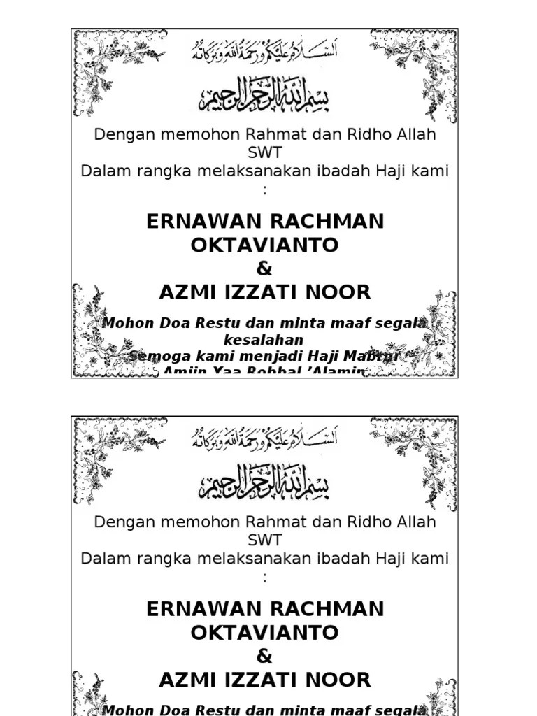 Kumpulan ucapan mohon maaf & doa restu untuk pamitan berangkat umroh haji berikut contoh kartu undangan. Ucapan Berangkat Haji Pdf