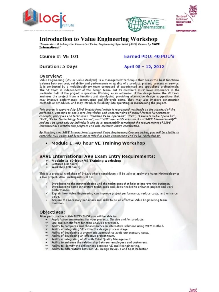 Ve 101 Course Outlline Rev1 Professional Certification