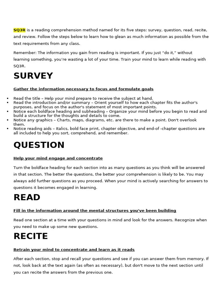SQ3R Is A Reading Comprehension Method Named For I | PDF | Reading Comprehension | Communication