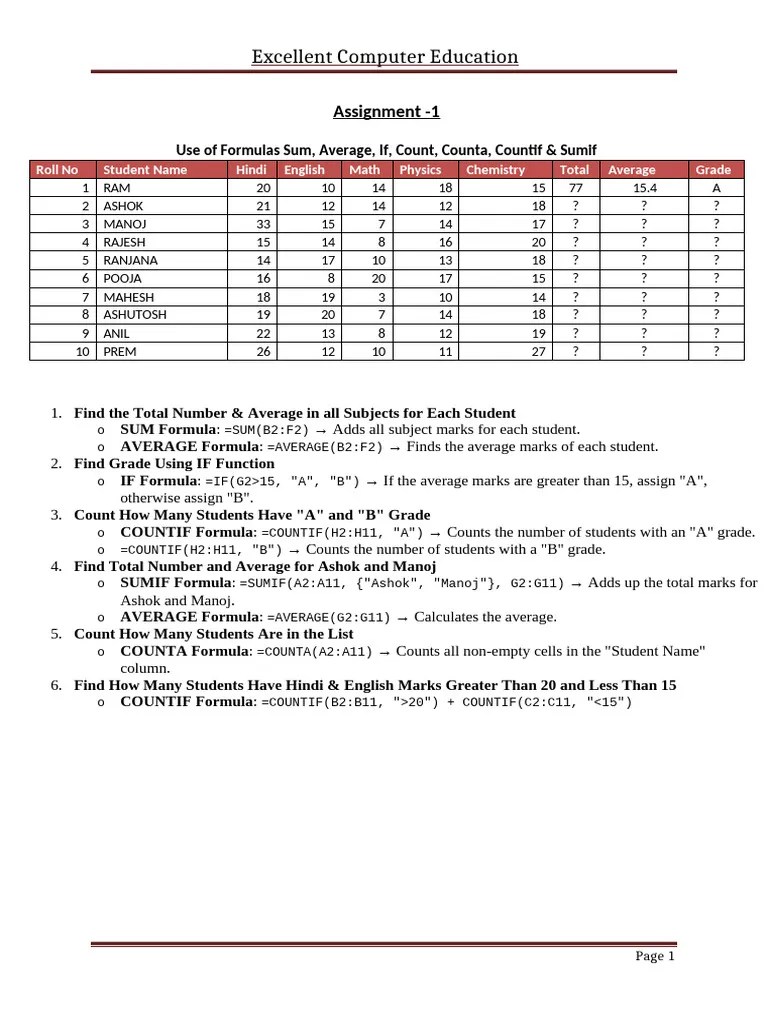 50 Ms Excel Assignments PDF For Practice Free Download - 2 | PDF ...