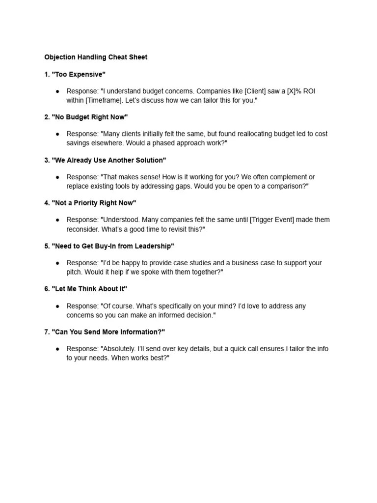 Objection Handling Cheat Sheet | PDF