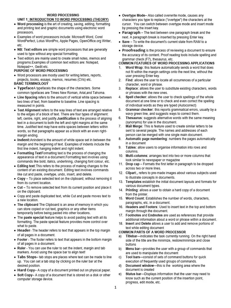 Word Processing Notes | PDF | Word Processor | Typewriter