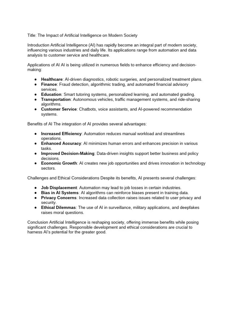 Title - The Impact Of Artificial Intelligence On Modern Society | PDF