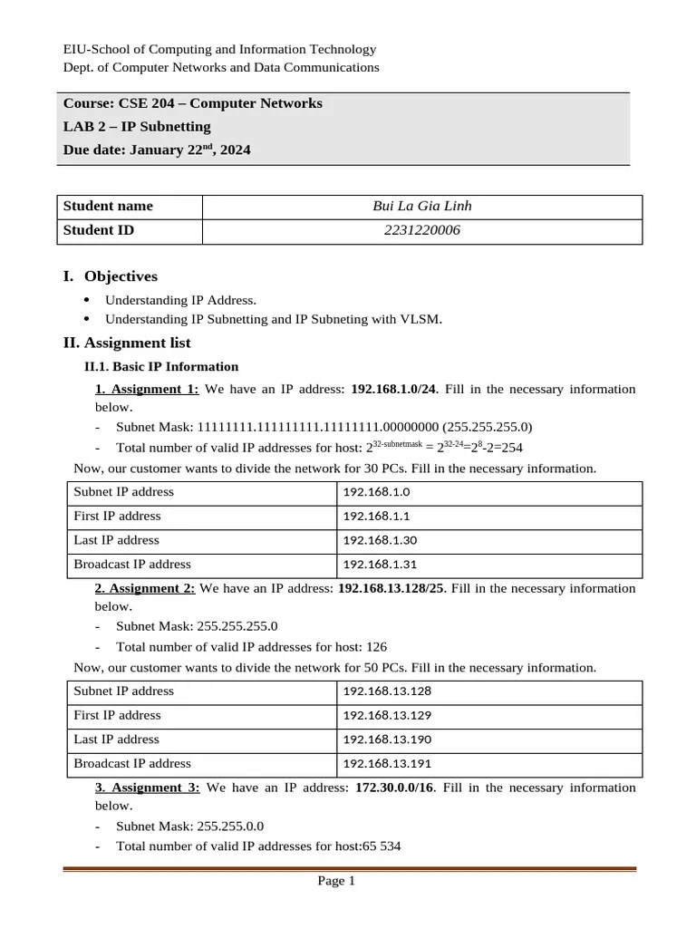 Lab 2 - IP Subnetting | PDF | Ip Address | Computer Network