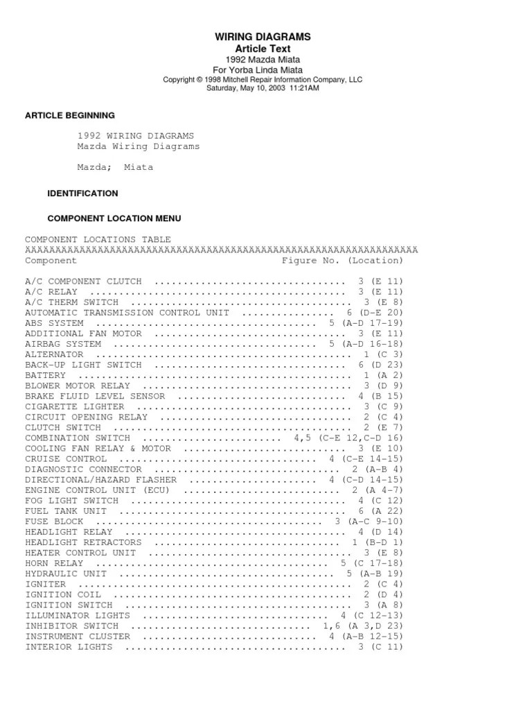 Replaced with 3 ecu plugs and the wires in those plugs were completely. 1992 Mazda Miata Car Wiring Diagrams Pdf