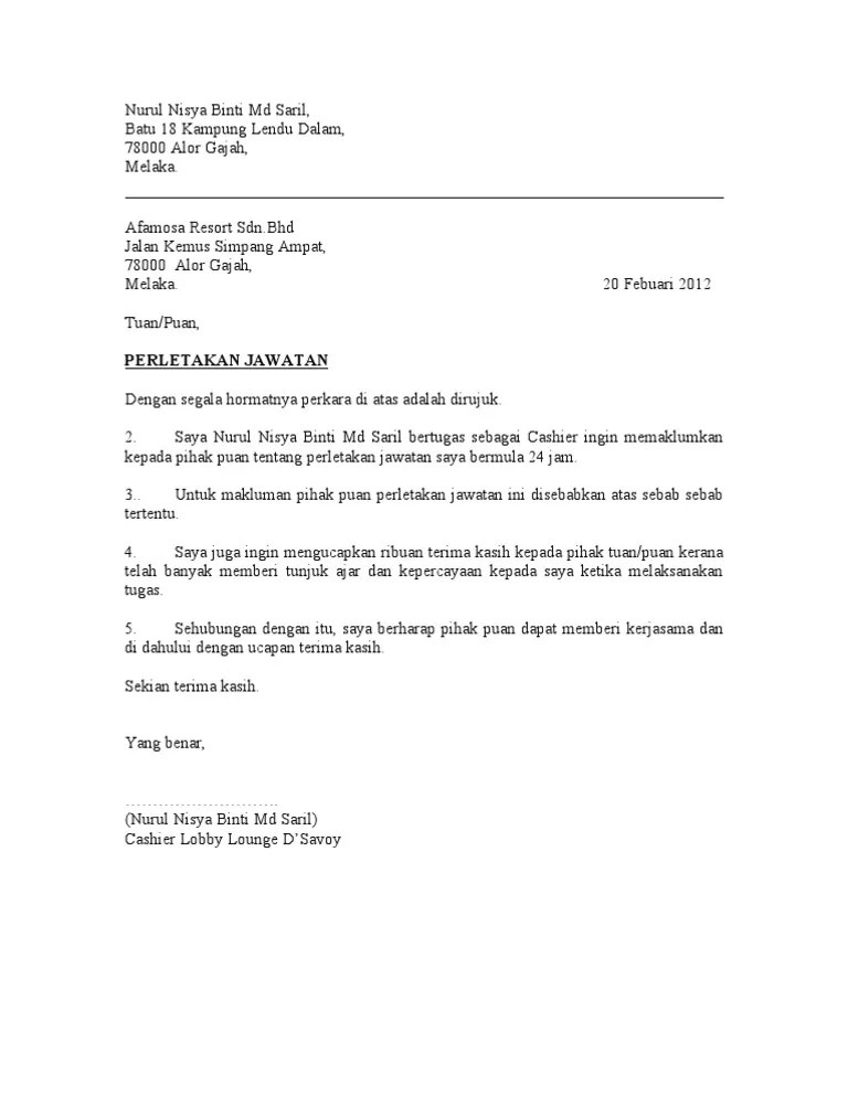 6 contoh surat berhenti kerja contoh my. Surat Perletakan Jawatan 24 Jam