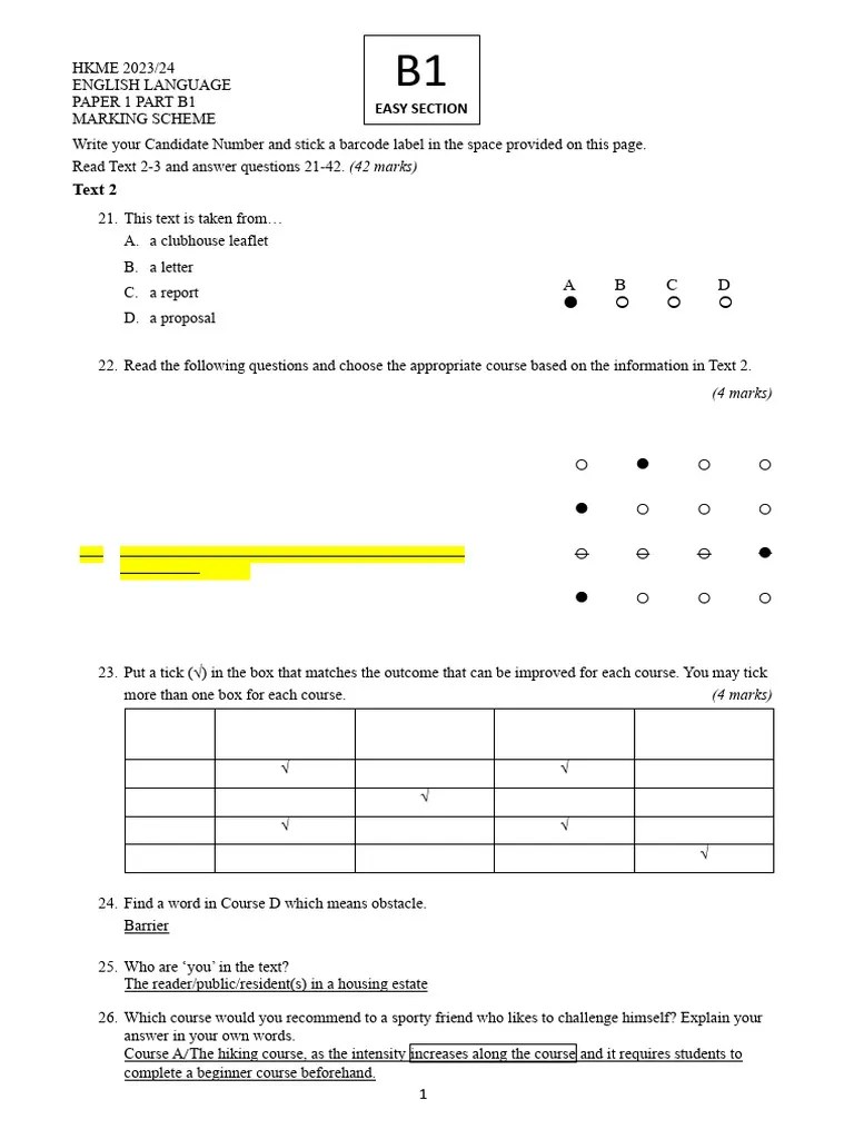 English Paper 1 Part B1 Marking Scheme & Answer | PDF