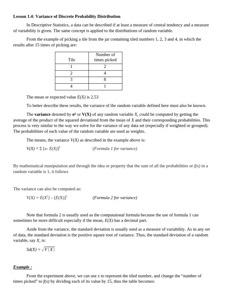 LESSON 4 - Variance Of Discrete Probability Distribution | PDF ...