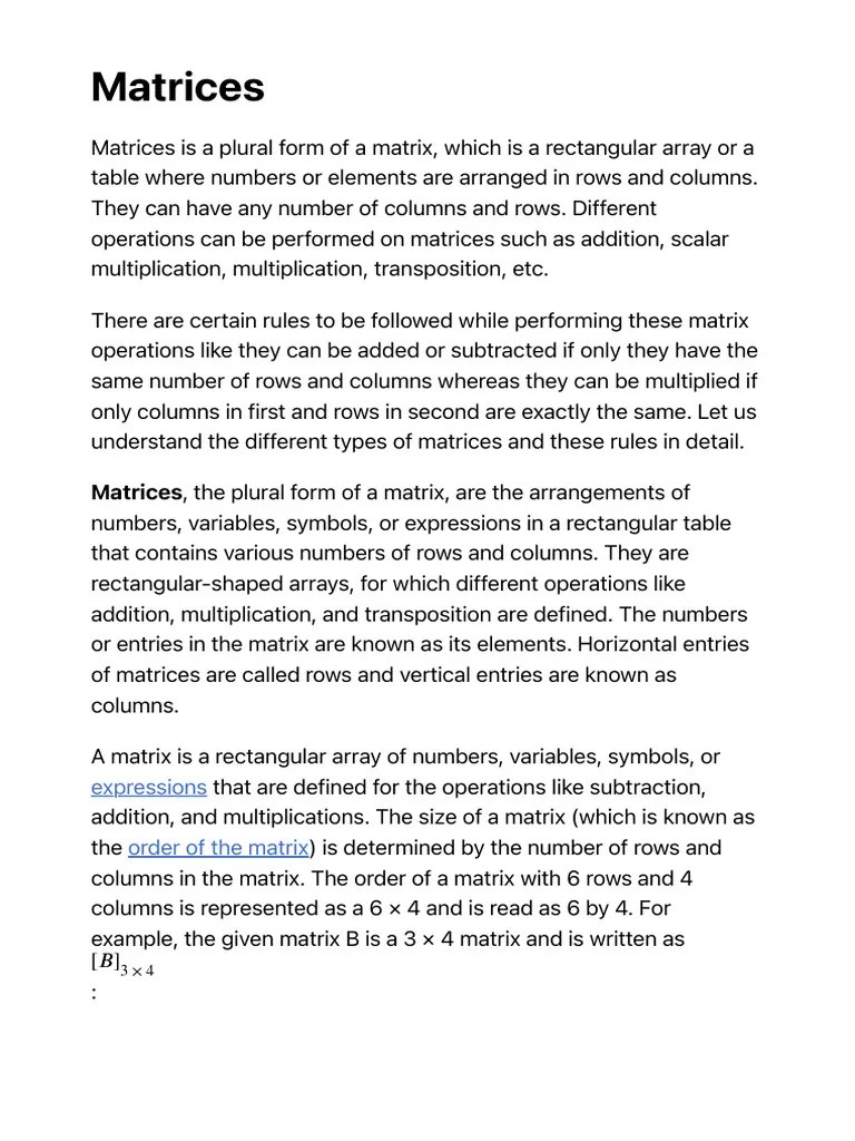 Matrices - Solve, Types, Meaning, Examples | Matrix Definition | PDF | Matrix (Mathematics ...