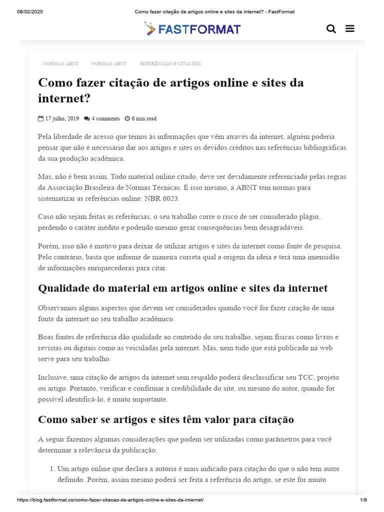 Como Fazer Citação De Artigos Online E Sites Da Internet - FastFormat ...