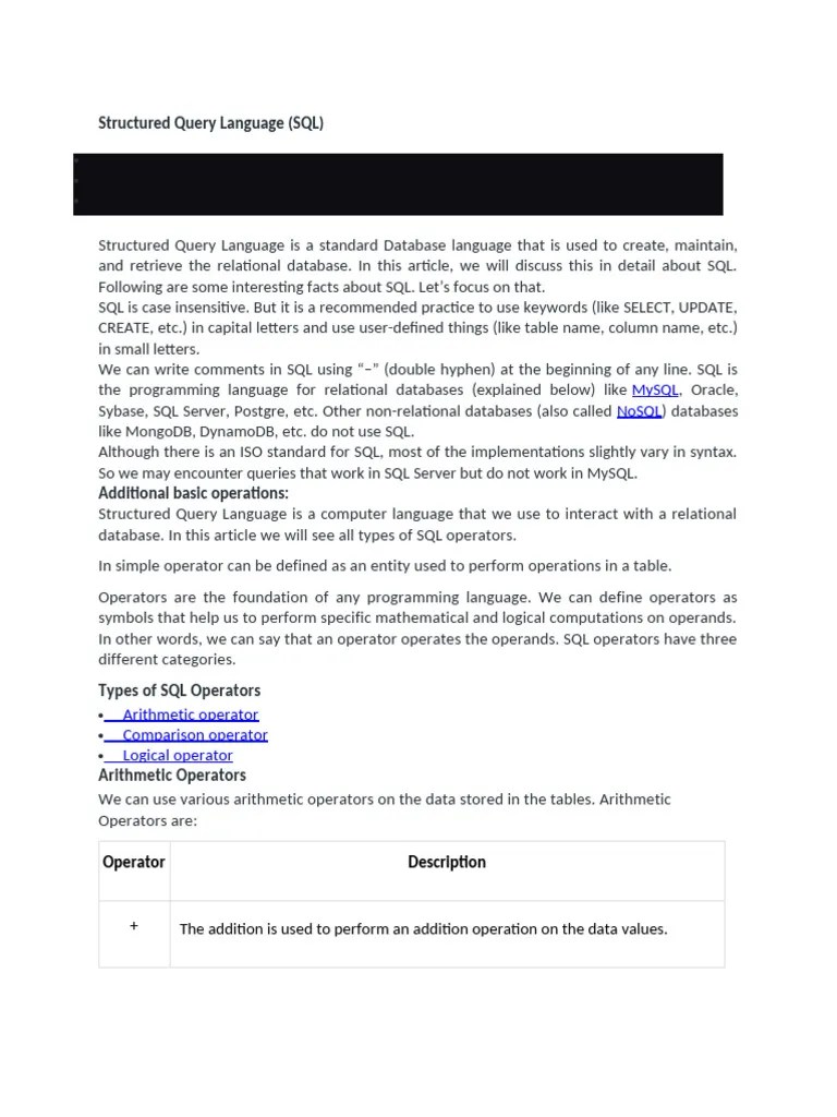 Structured Query Language | PDF | Sql | Table (Database)