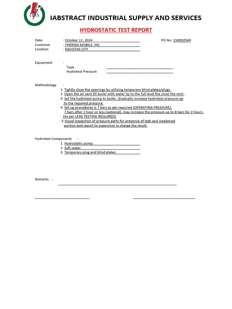 Hydrostatic Test Report For Therma Mobile Pdf