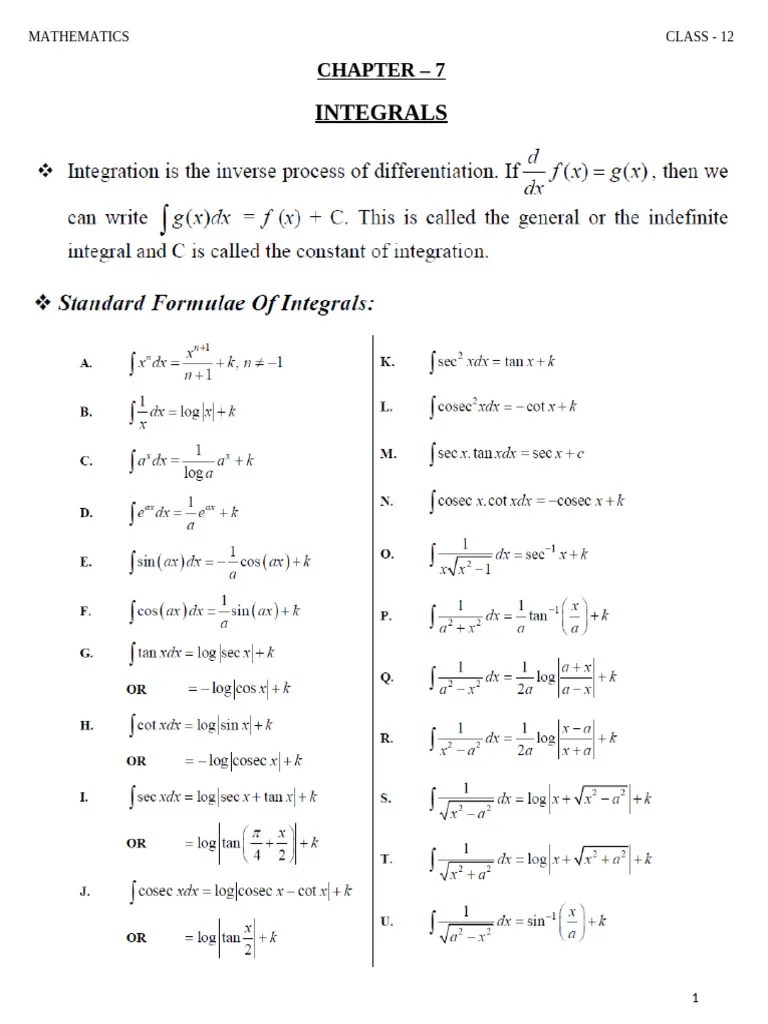 Class 12 Mathematics Integrals Guide Pdf