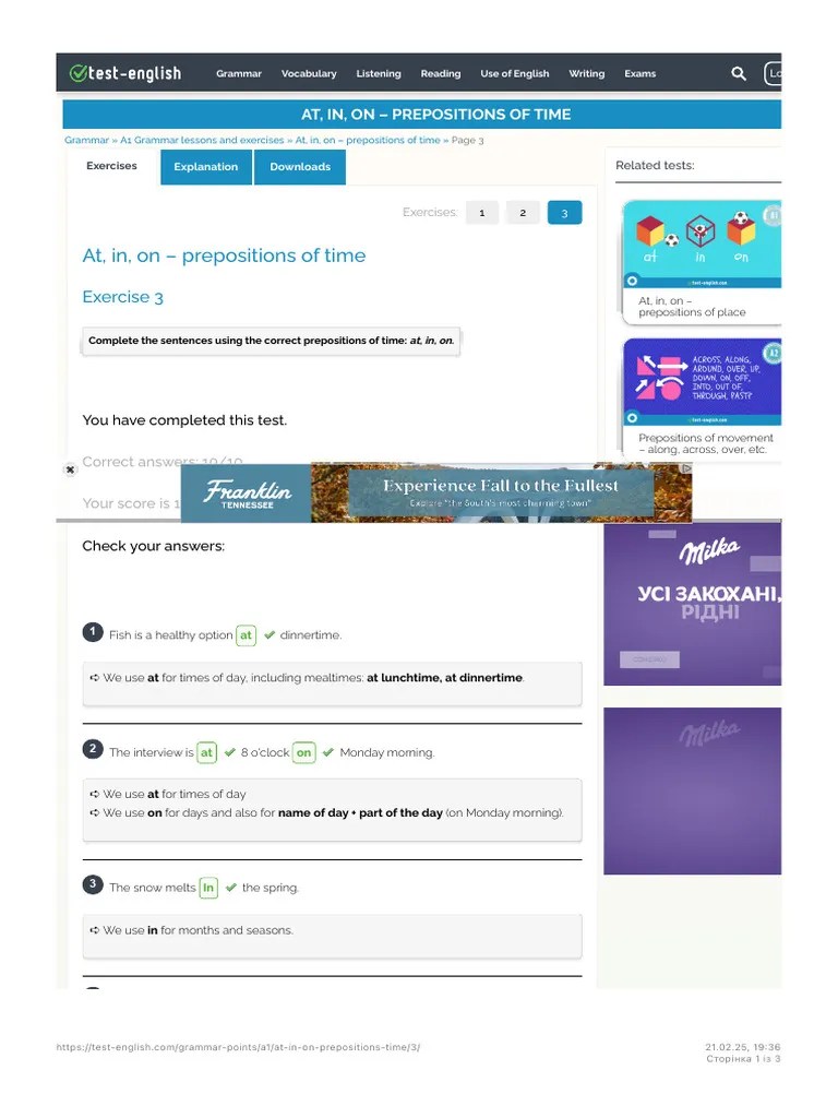 At, In, On - Prepositions Of Time - Page 3 Of 3 - Test-English | PDF ...