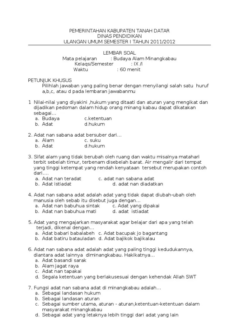 Contoh soal ujian budaya alam minangkabau kelas iii sd. Soal Bam Kelas 5 Semester 1 Revisi Id