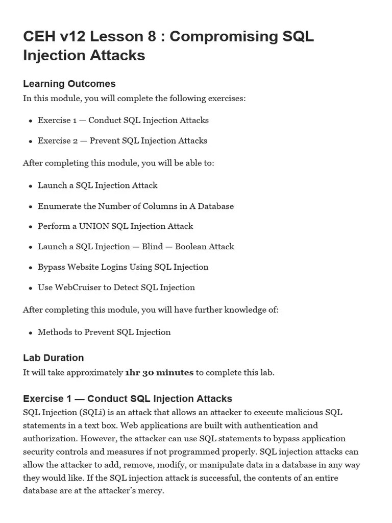CEH V12 Lesson 8 - Compromising SQL Injection | PDF | Cybercrime | Computer Security