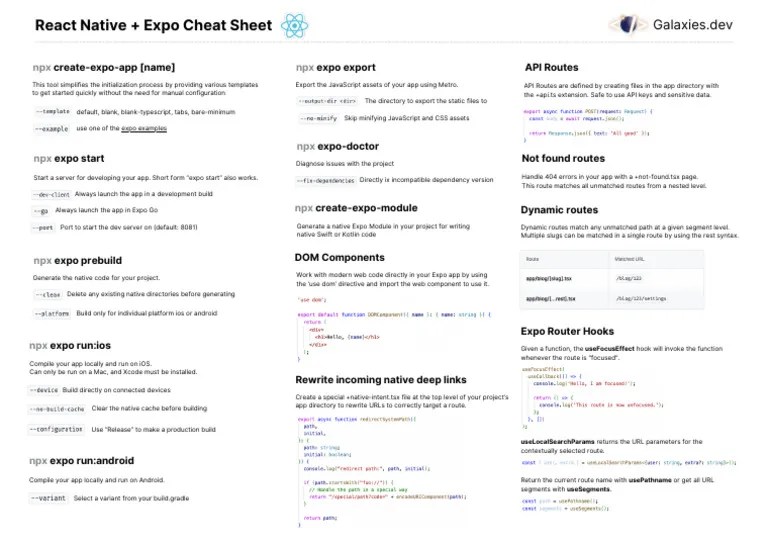 React Native Cheat Sheet Galaxies | PDF | Mobile App | Web Server