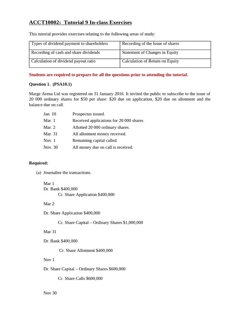 ACCT10002 Tutorial 9 In-Class Exercises | PDF | Dividend | Retained ...