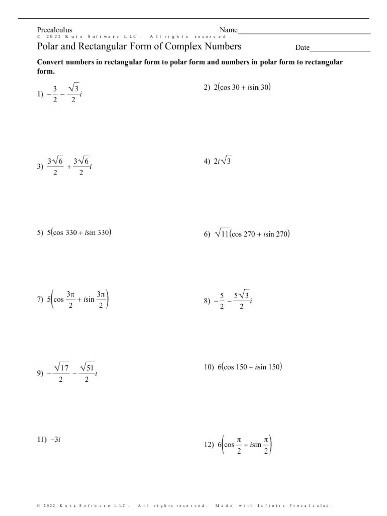 Day 7 Trig Polar And Rectangular Form Of Complex Numbers HW And Key PDF ...