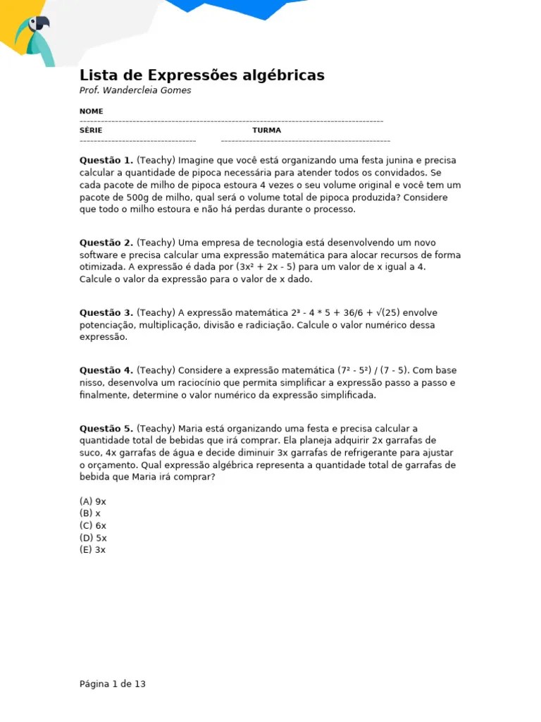 Lista De Expressões Algébricas | PDF | Número Real | Raiz Quadrada
