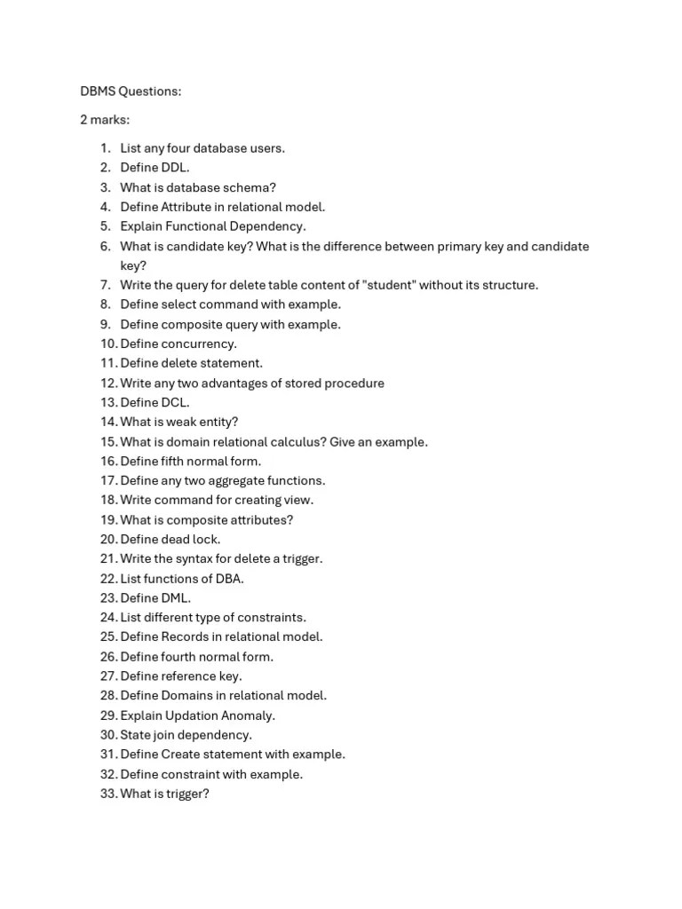 DBMS Questions | PDF | Relational Model | Relational Database