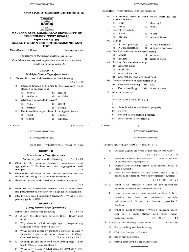 Btech It 4 Sem Object Oriented Programming And Uml 2016 | PDF