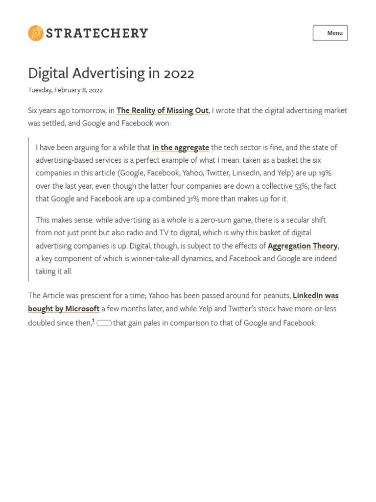 Digital Advertising In 2022 - Stratechery By Ben Thompson | PDF | Mobile App | Facebook