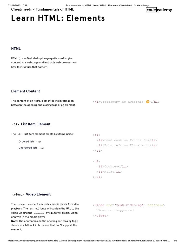 Fundamentals Of HTML_ Learn HTML_ Elements Cheatsheet _ Codecademy ...