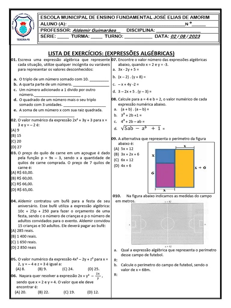 Lista De Exercícios - Expressões Algébricas - 8º Ano | PDF | Matemática ...