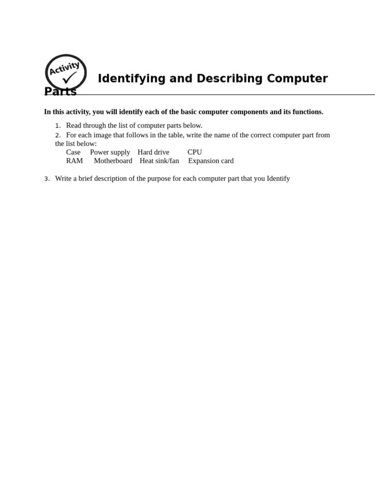 Identifying And Describing Computer Parts Activity 1 Pdf