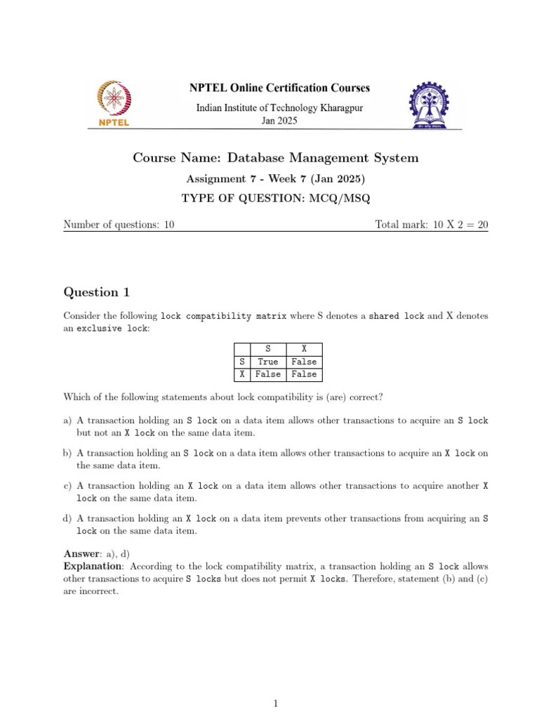 Assignment 7 NPTEL DBMS January 2025 | PDF | Databases | Concurrency ...