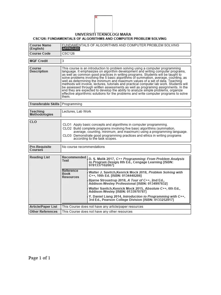 Course FUNDAMENTALS OF ALGORITHMS AND COMPUTER PROBLEM SOLVING | PDF ...