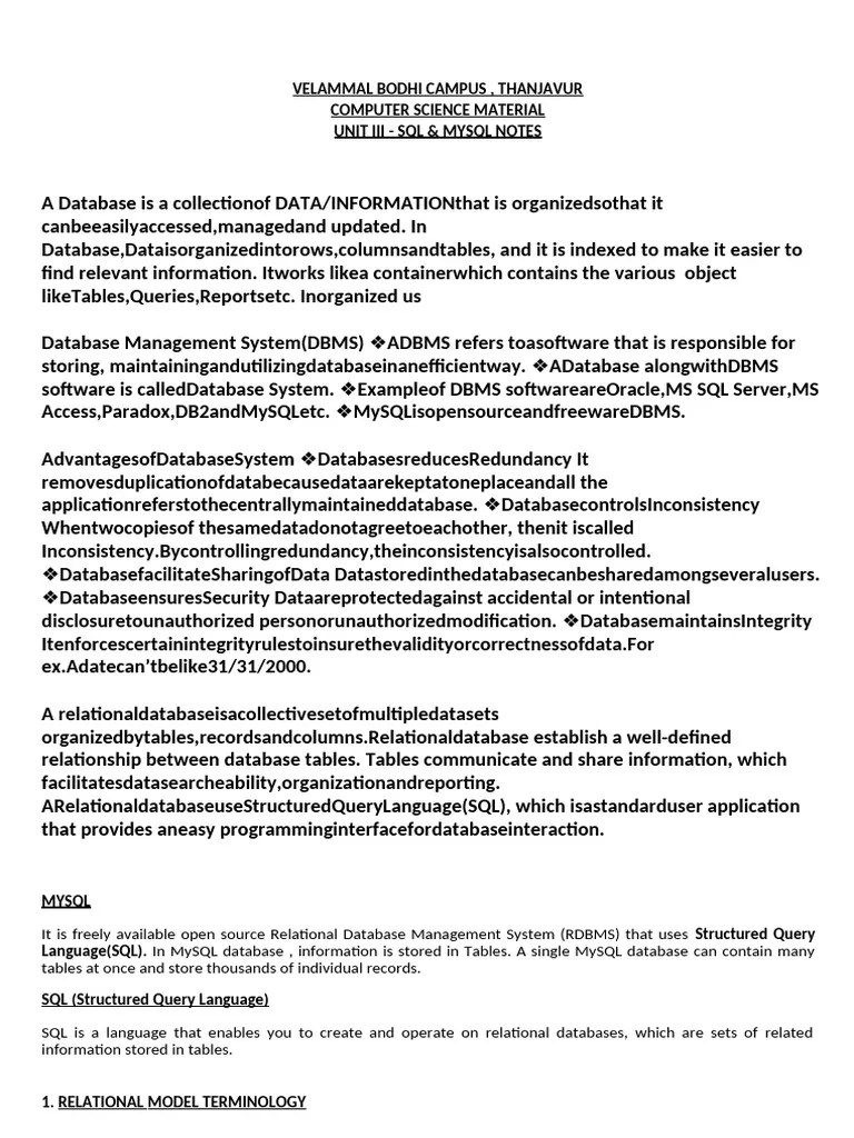 Class XII-UNIT III - SQL And MySQL Notes - 0 | PDF | Relational Database | Databases